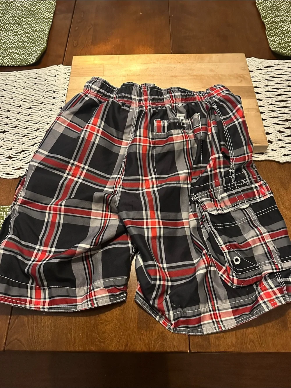 OP Plaid Swim Shorts in Black, Red & Gray